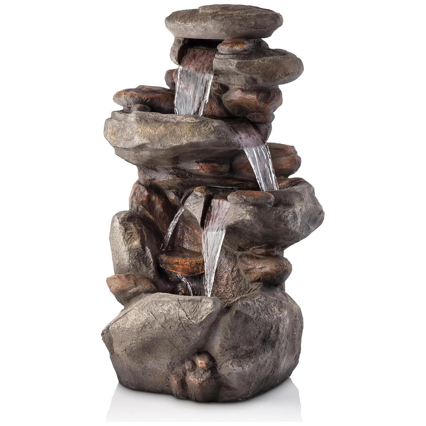 Alpine Corporation WIN316 Outdoor Floor 4-Tiered Rock Water Fountain for Garden or Patio with Natural Stone Look, 40", Light Gray