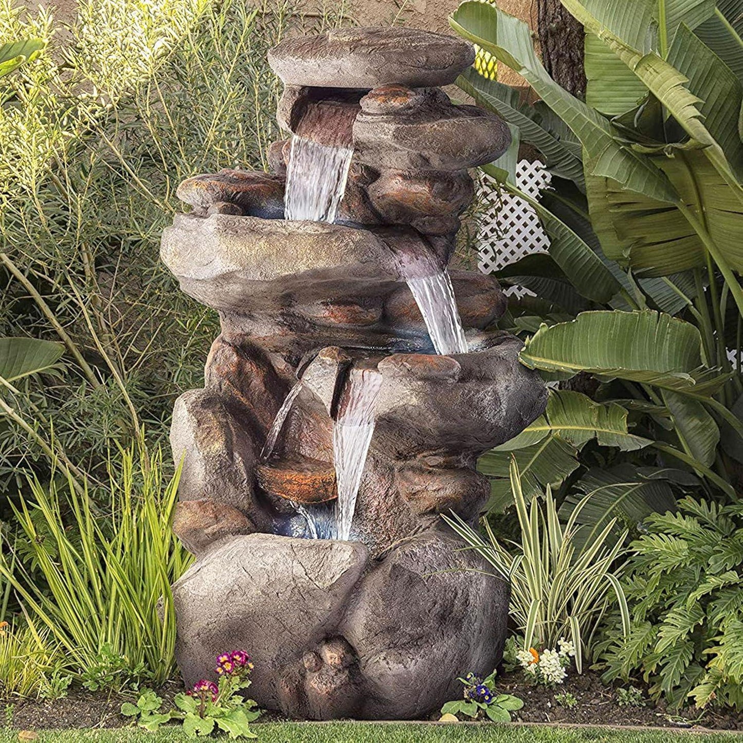 Alpine Corporation WIN316 Outdoor Floor 4-Tiered Rock Water Fountain for Garden or Patio with Natural Stone Look, 40", Light Gray