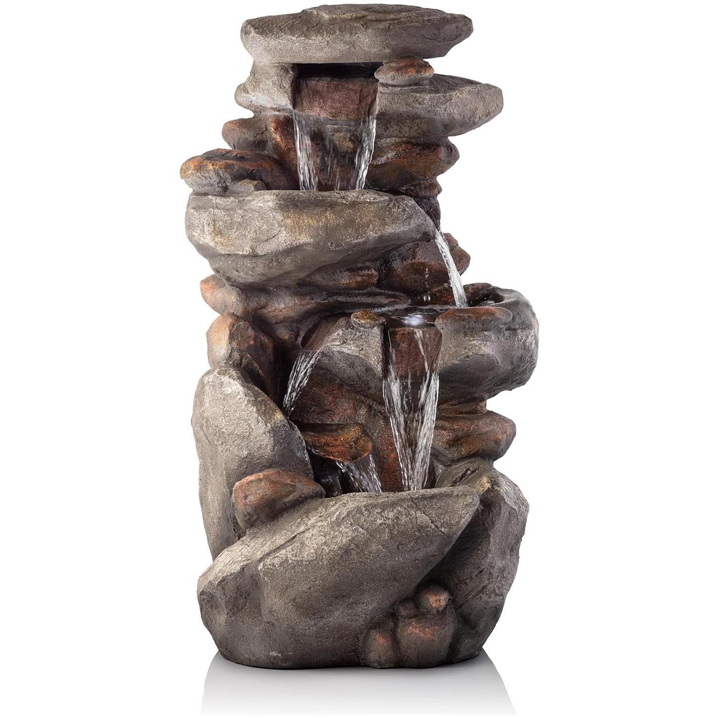 Alpine Corporation WIN316 Outdoor Floor 4-Tiered Rock Water Fountain for Garden or Patio with Natural Stone Look, 40", Light Gray