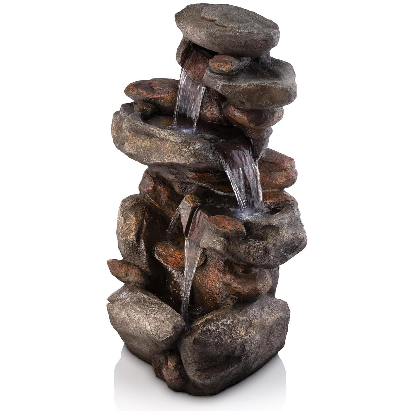 Alpine Corporation WIN316 Outdoor Floor 4-Tiered Rock Water Fountain for Garden or Patio with Natural Stone Look, 40", Light Gray