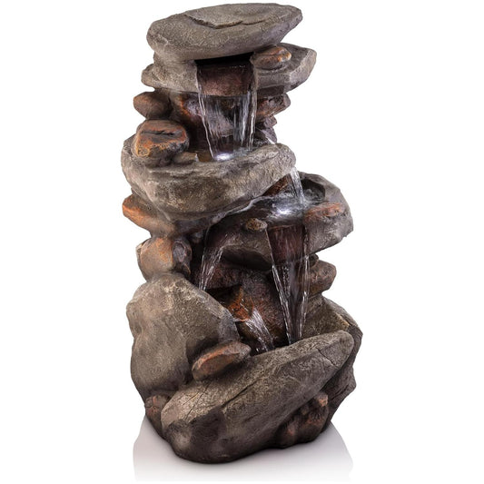 Alpine Corporation WIN316 Outdoor Floor 4-Tiered Rock Water Fountain for Garden or Patio with Natural Stone Look, 40", Light Gray