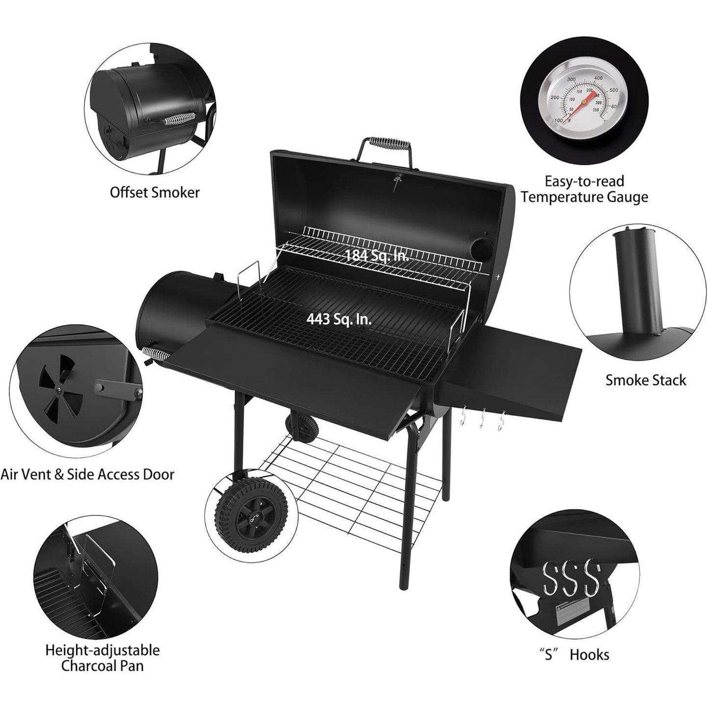 Royal Gourmet CC1830SC Charcoal Grill Offset Smoker with Cover, 811 Square Inches, Black, Outdoor Camping