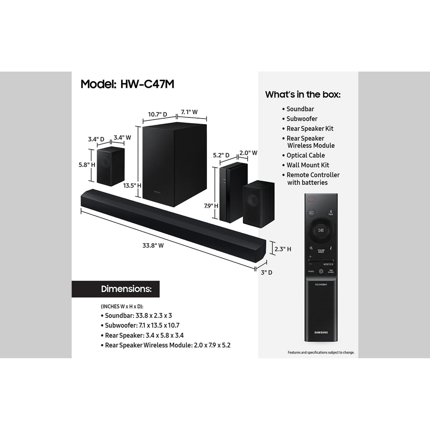 SAMSUNG B-Series 4.1.CH Soundbar & Rear Speakers with Subwoofer Bluetooth HW-C47M/ZA 2023