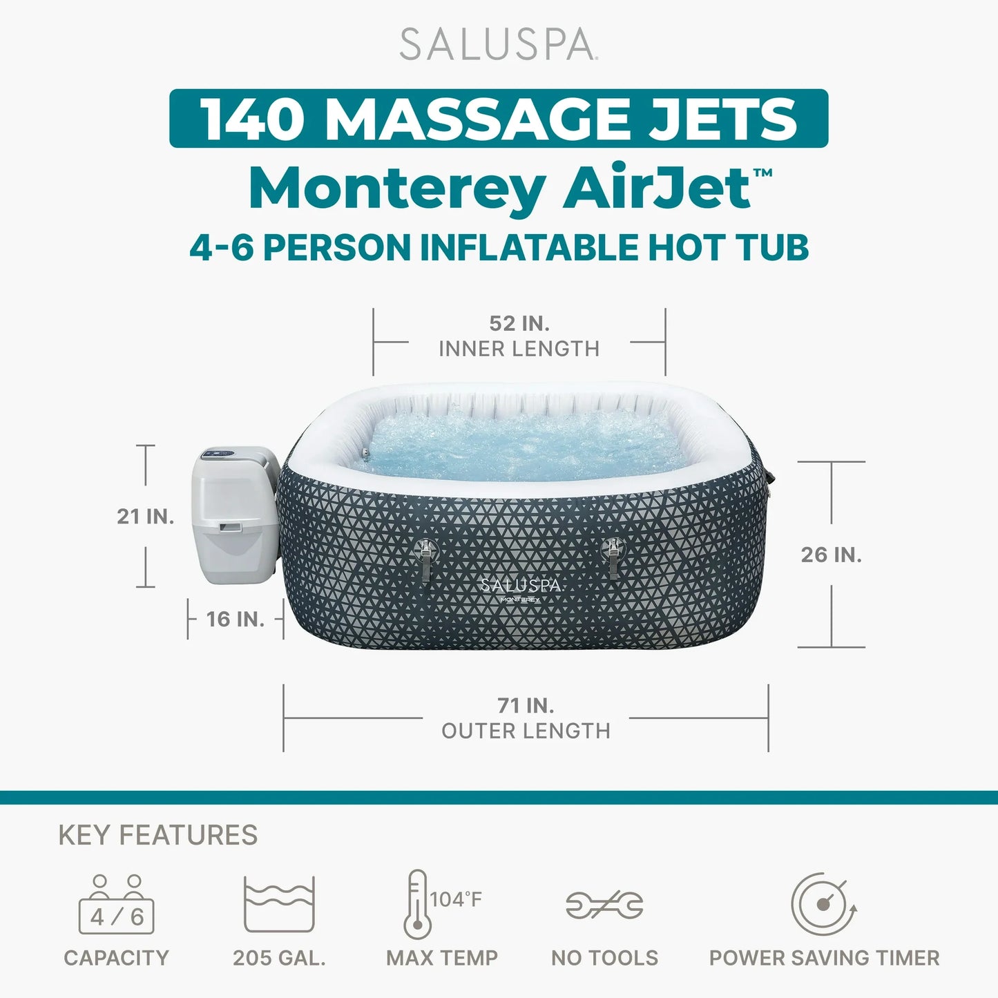 SaluSpa Monterey AirJet Outdoor Inflatable Square Hot Tub 4-6 Person with Pump