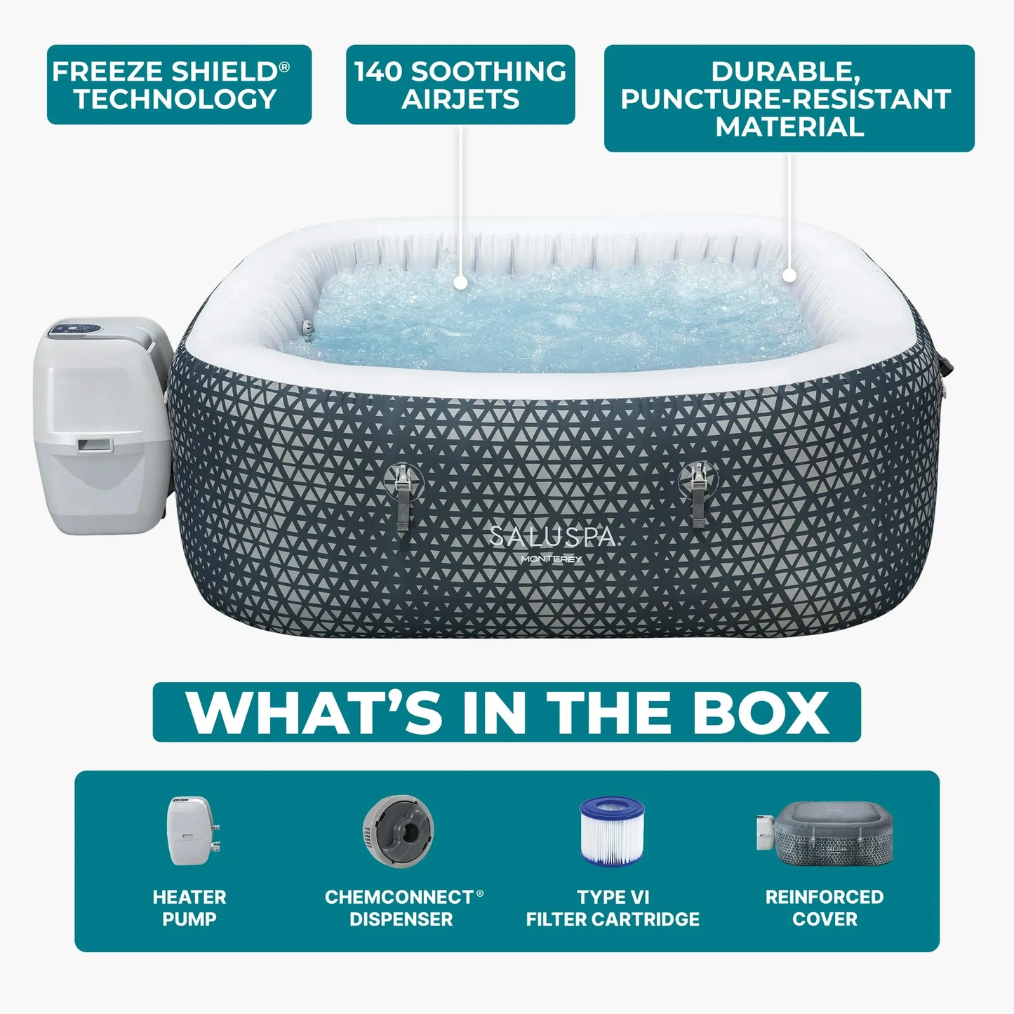 SaluSpa Monterey AirJet Outdoor Inflatable Square Hot Tub 4-6 Person with Pump