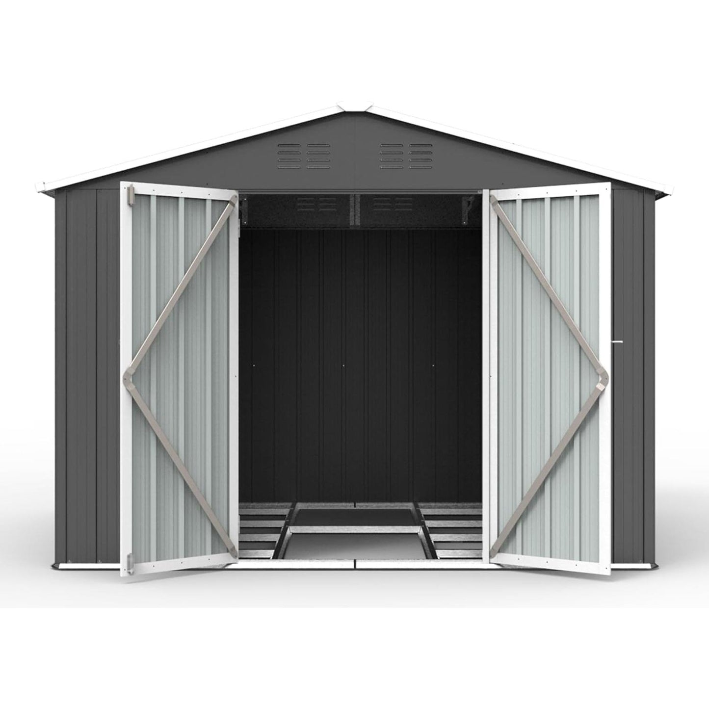 Outdoor Metal Storage Shed, Anti-Corrosion Utility Garden Shed Tool House with Lockable Double Doors & Vents, Waterproof Storage for Backyard Patio Lawn, Grey&White