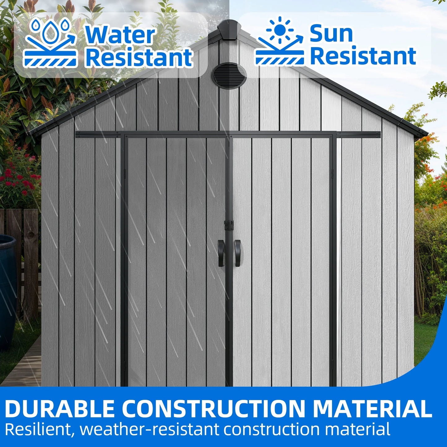 Uforic 8x10 FT Resin Storage Shed with Floor, Lockable Doors, 2 Vents & 2 Windows for Outdoors, Gray