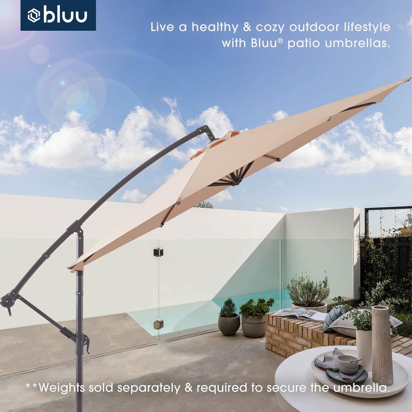 WUFF Bluu 10ft Patio Offset Umbrella Cantilever Umbrella Hanging Market Umbrella Outdoor Umbrellas with Crank & Cross Bases(Beige)