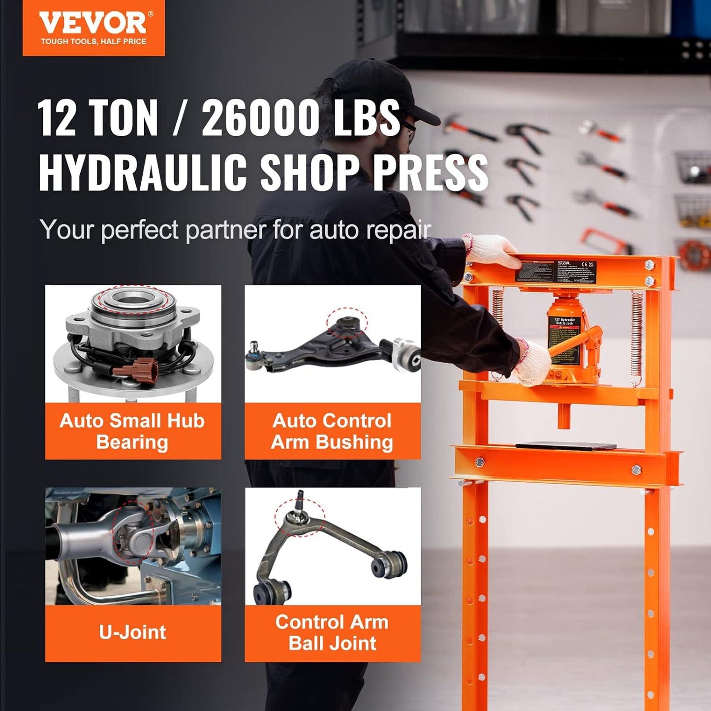 VEVOR Hydraulic 12 Ton H-Frame Garage Floor Adjustable Shop Press with Plates, 12T, Orange