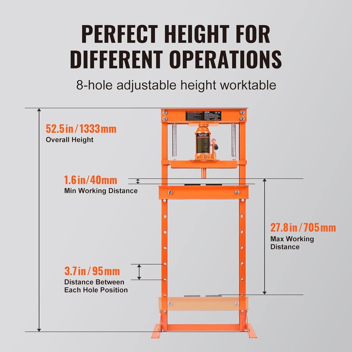 VEVOR Hydraulic 12 Ton H-Frame Garage Floor Adjustable Shop Press with Plates, 12T, Orange