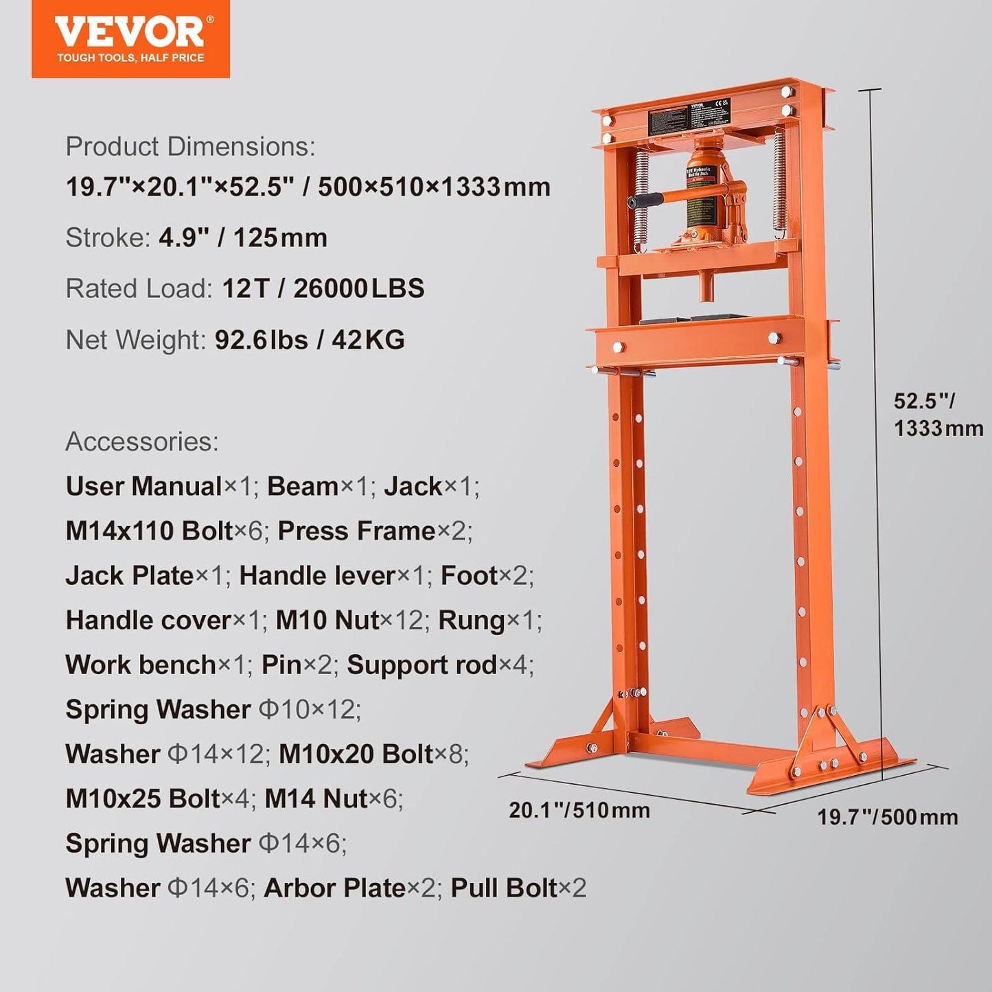 VEVOR Hydraulic 12 Ton H-Frame Garage Floor Adjustable Shop Press with Plates, 12T, Orange