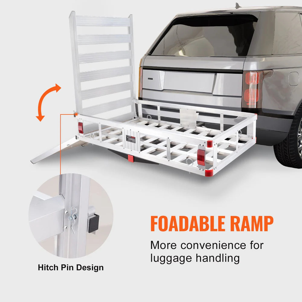 VEVOR 50 x 29.5 x 8.7 inch Hitch Cargo Carrier, 500lbs Capacity Trailer Hitch Mounted Cargo Basket, Aluminum Luggage Carrier Rack with Folding Ramp, Fits 2" Hitch Receiver for SUV Truck Pickup Camping