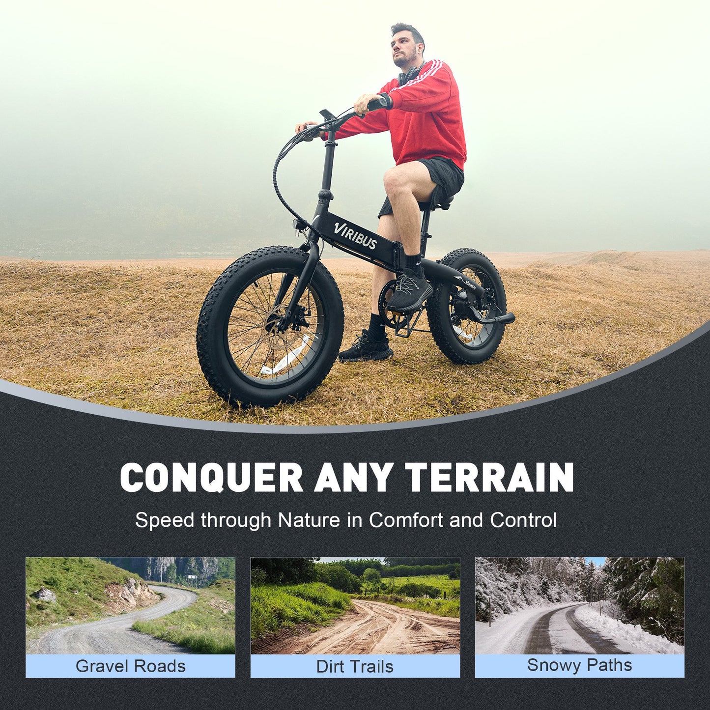 VIRIBUS 20" Fat Tire Electric Bike for Adults Folding Mountain eBike w 48V Battery Black