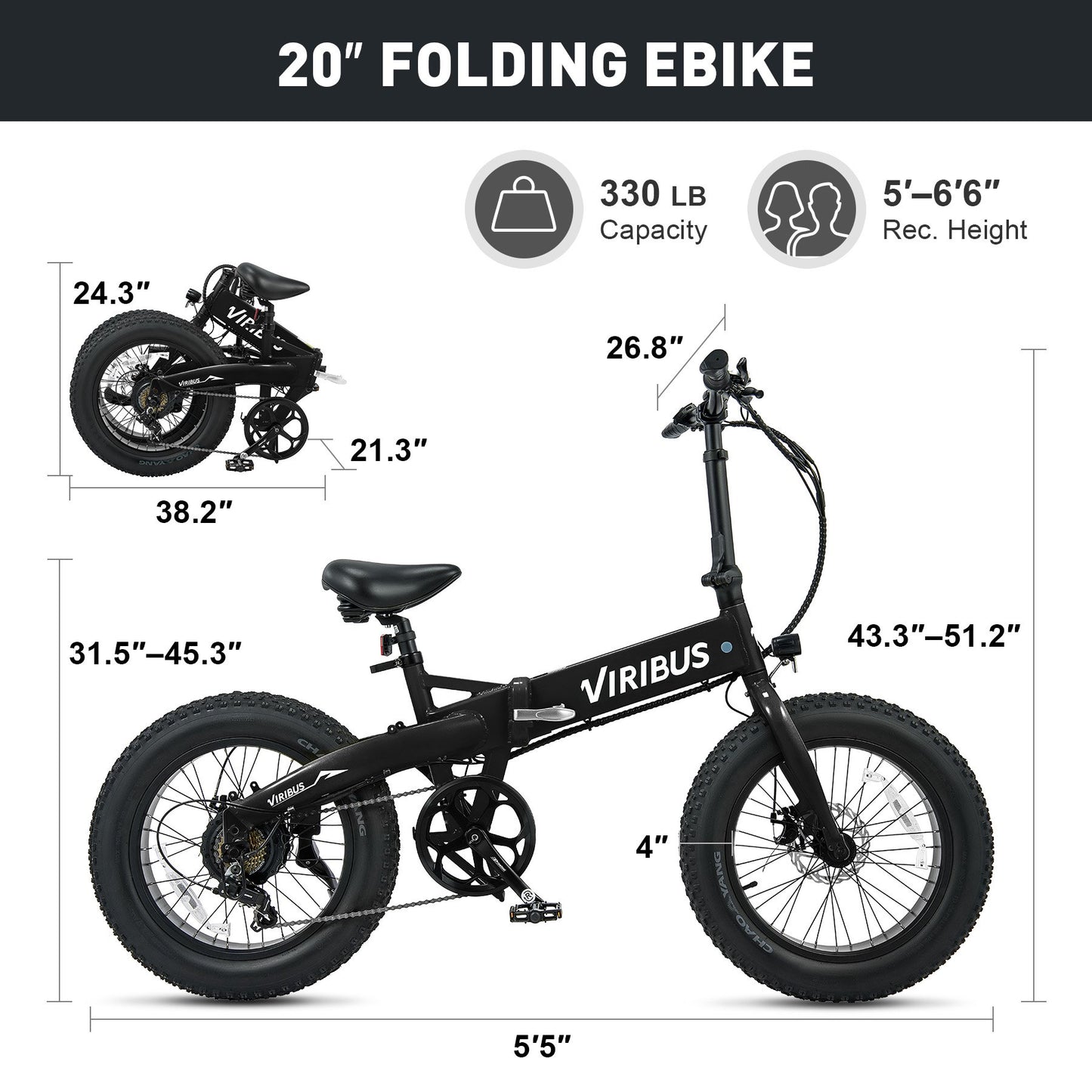 VIRIBUS 20" Fat Tire Electric Bike for Adults Folding Mountain eBike w 48V Battery Black