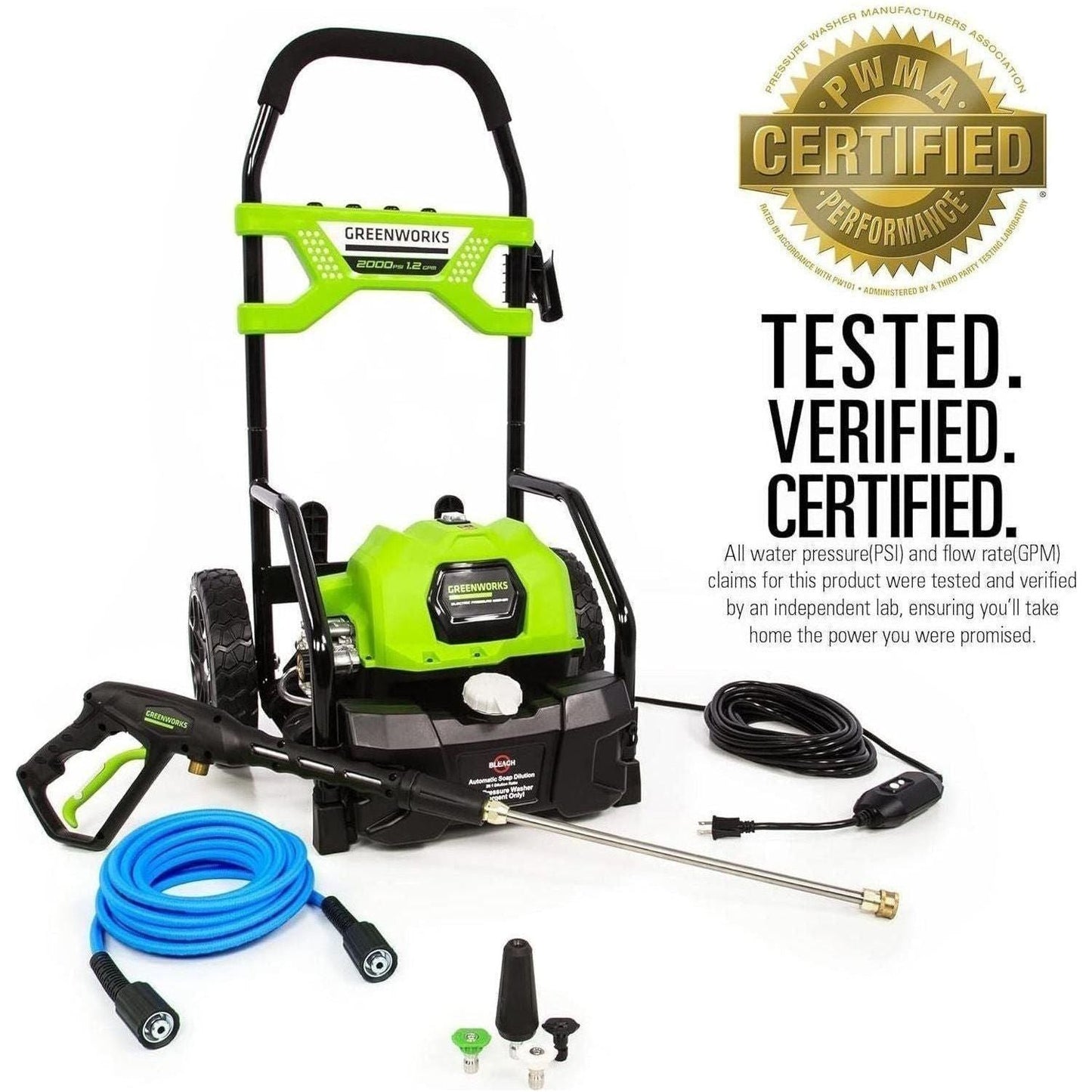 Greenworks 2000 PSI (1.2 GPM) Pressure Washer with 12” Surface Cleaner and Premium Foam Cannon