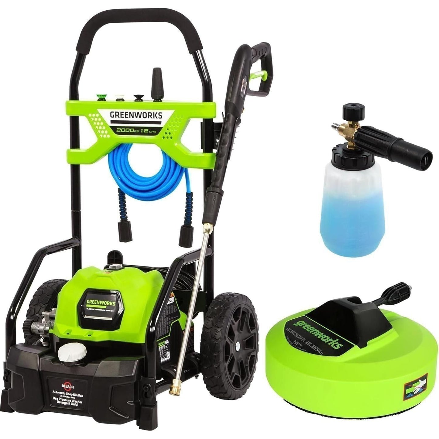 Greenworks 2000 PSI (1.2 GPM) Pressure Washer with 12” Surface Cleaner and Premium Foam Cannon